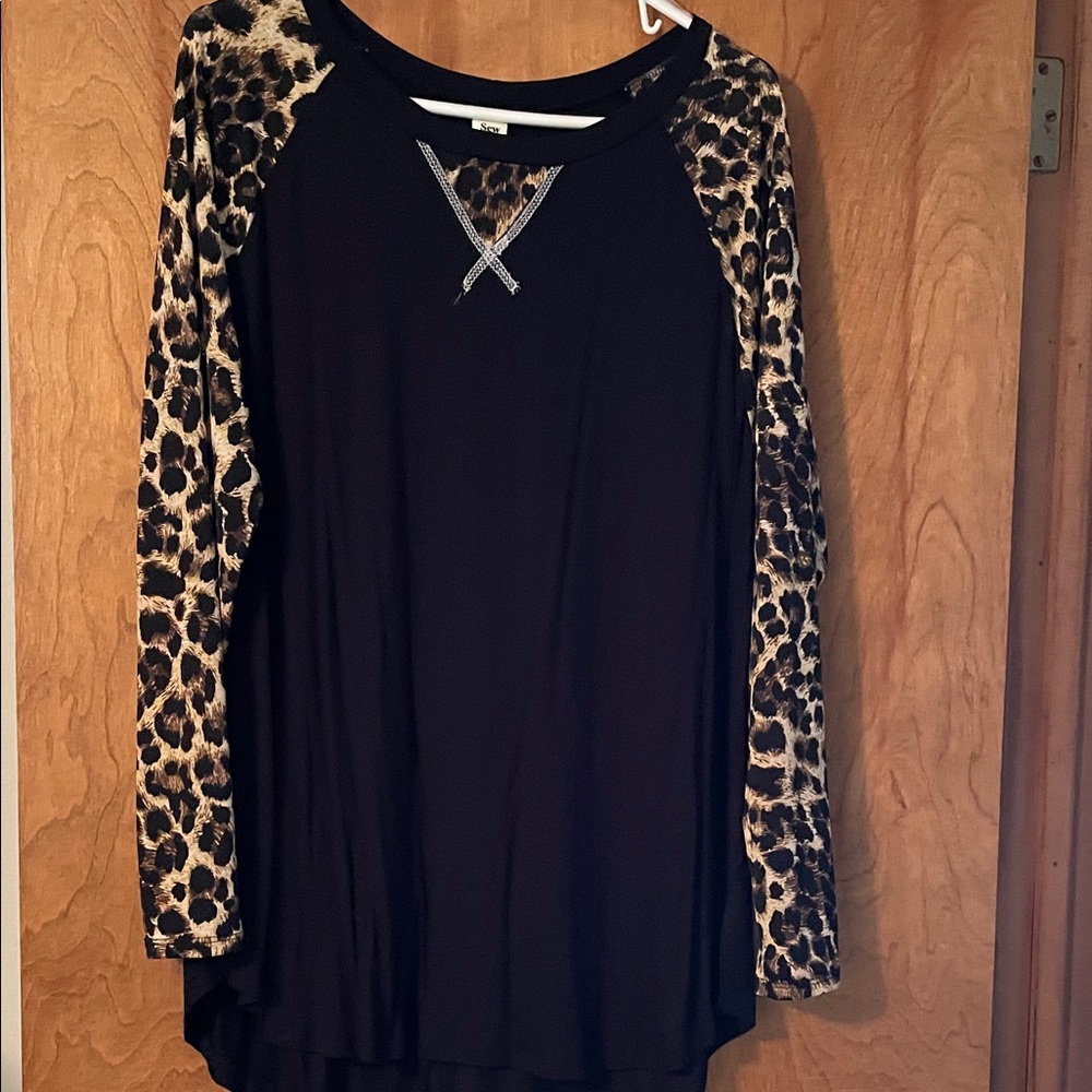 Sew In Love Black Top with Leopard Sleeves, XL